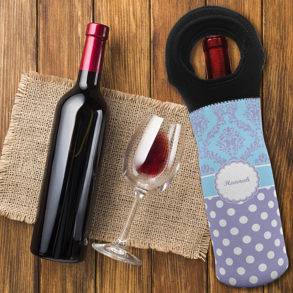 Purple Damask & Dots Wine Tote Bag - FLATLAY