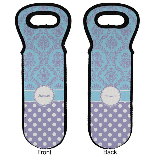 Purple Damask & Dots Wine Tote Front & Back