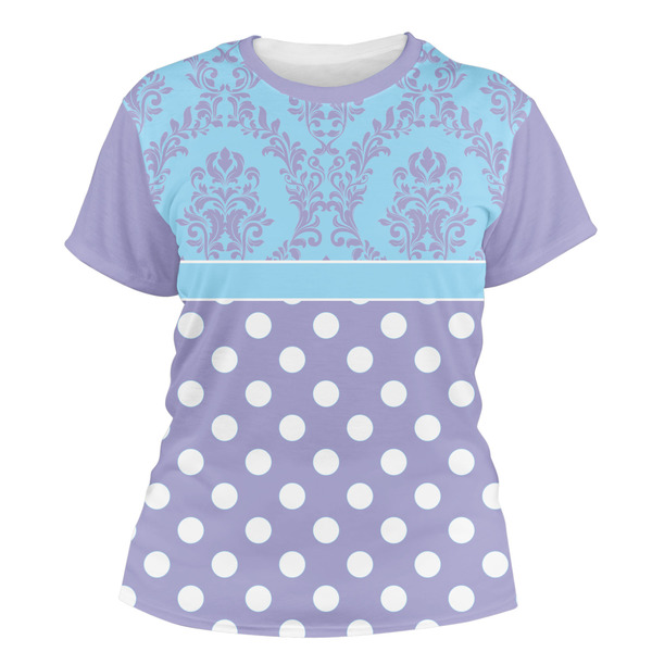 Custom Purple Damask & Dots Women's Crew T-Shirt - X Large