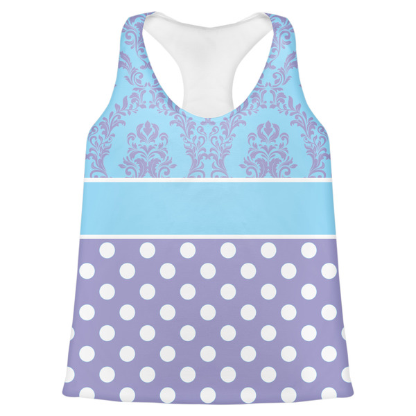 Custom Purple Damask & Dots Womens Racerback Tank Top - 2X Large