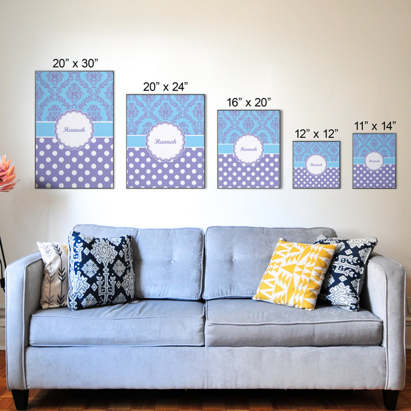 Purple Damask & Dots Wood Prints - Size Comparison
