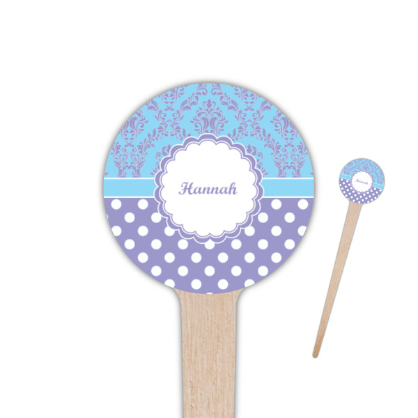 Custom Purple Damask & Dots 4" Round Wooden Food Picks - Double Sided (Personalized)