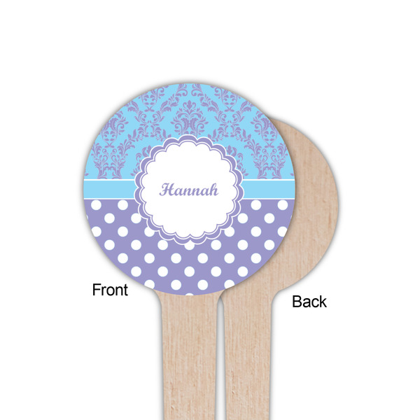 Purple Damask & Dots Wooden 4" Food Pick - Round - Single Sided - Front & Back