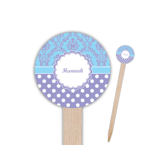 Custom Purple Damask & Dots 6" Round Wooden Food Picks - Single Sided (Personalized)