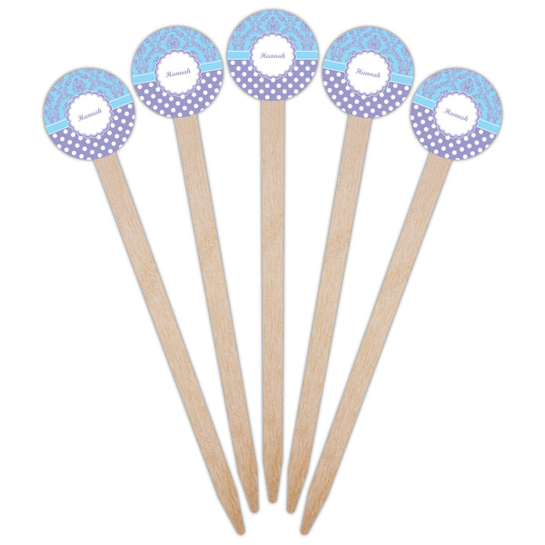 Purple Damask & Dots Wooden 6" Food Pick - Round - Fan View