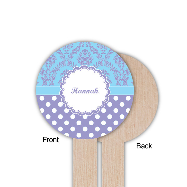 Purple Damask & Dots Wooden 6" Food Pick - Round - Single Sided - Front & Back