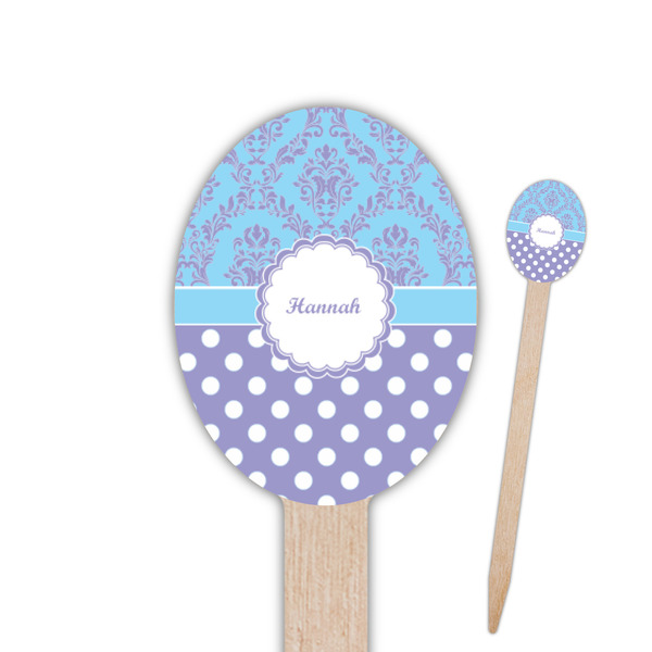 Custom Purple Damask & Dots Oval Wooden Food Picks - Double Sided (Personalized)