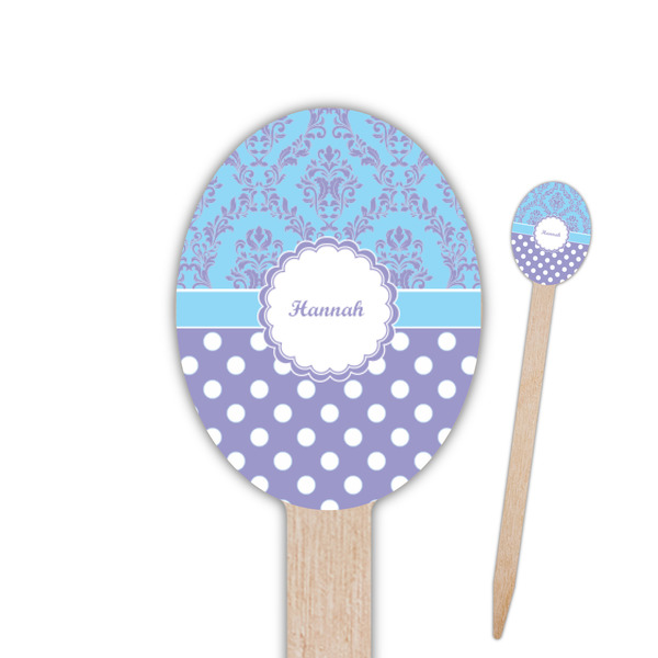Custom Purple Damask & Dots Oval Wooden Food Picks (Personalized)