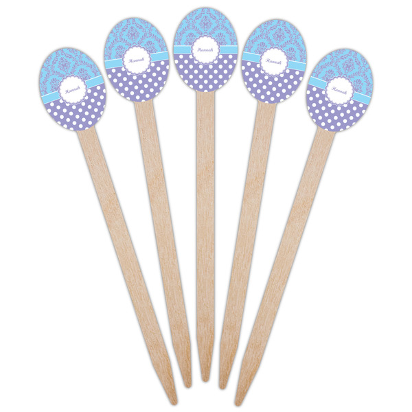 Purple Damask & Dots Wooden Food Pick - Oval - Fan View