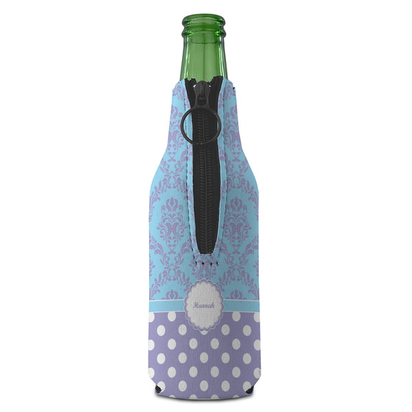 Purple Damask & Dots Zipper Bottle Cooler - BACK (bottle)
