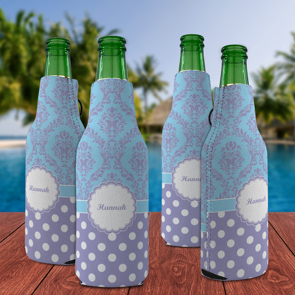 Purple Damask & Dots Zipper Bottle Cooler - Set of 4 - LIFESTYLE