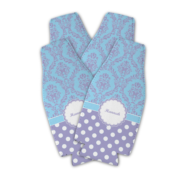 Custom Purple Damask & Dots Zipper Bottle Cooler - Set of 4 (Personalized)