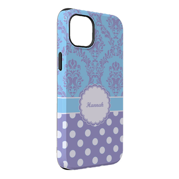 Custom Purple Damask & Dots iPhone Case - Rubber Lined - iPhone 14 Plus (Personalized)