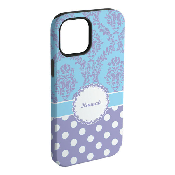 Custom Purple Damask & Dots iPhone Case - Rubber Lined - iPhone 15 Plus (Personalized)