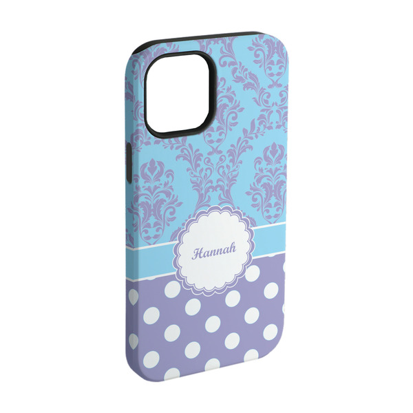 Custom Purple Damask & Dots iPhone Case - Rubber Lined - iPhone 15 Pro (Personalized)