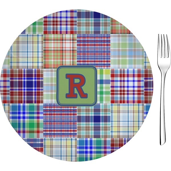 Custom Blue Madras Plaid Print 8" Glass Appetizer / Dessert Plates - Single or Set (Personalized)