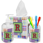 Blue Madras Plaid Print Acrylic Bathroom Accessories Set w/ Initial