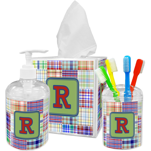 Custom Blue Madras Plaid Print Acrylic Bathroom Accessories Set w/ Initial