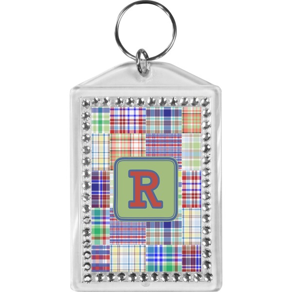 Custom Blue Madras Plaid Print Bling Keychain (Personalized)