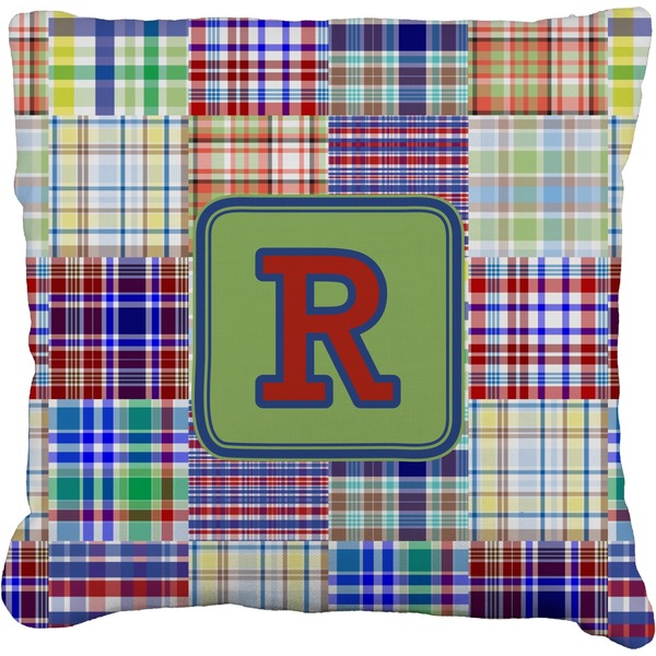Custom Blue Madras Plaid Print Faux-Linen Throw Pillow 18" (Personalized)