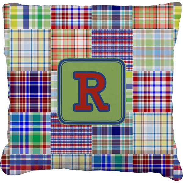 Custom Blue Madras Plaid Print Faux-Linen Throw Pillow 20" (Personalized)