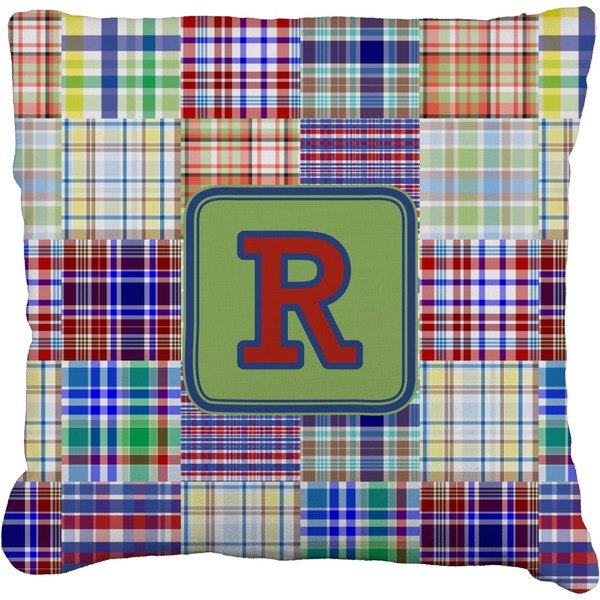 Custom Blue Madras Plaid Print Faux-Linen Throw Pillow 26" (Personalized)