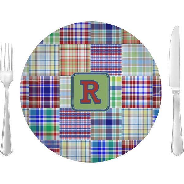 Custom Blue Madras Plaid Print 10" Glass Lunch / Dinner Plates - Single or Set (Personalized)