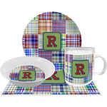 Blue Madras Plaid Print Dinner Set - Single 4 Pc Setting w/ Initial