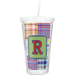 Blue Madras Plaid Print Double Wall Tumbler with Straw (Personalized)