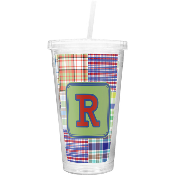 Custom Blue Madras Plaid Print Double Wall Tumbler with Straw (Personalized)