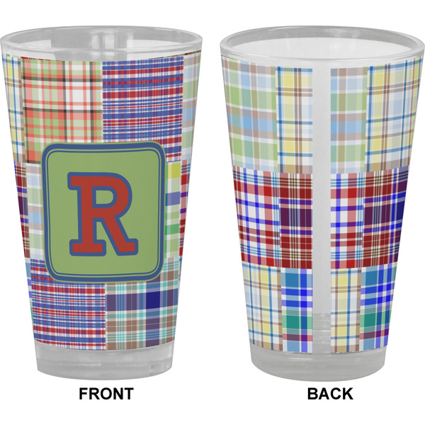Blue Madras Plaid Print Pint Glass - Full Color - Front & Back Views