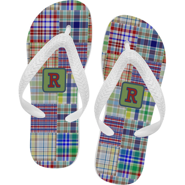 Custom Blue Madras Plaid Print Flip Flops - Medium (Personalized)