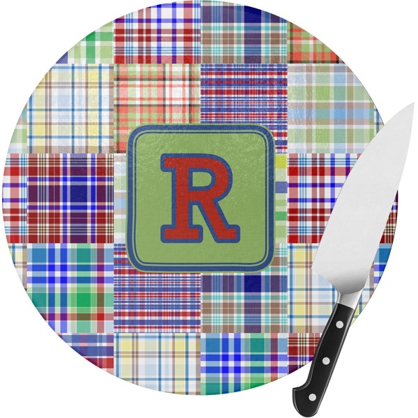 Custom Blue Madras Plaid Print Round Glass Cutting Board - Medium (Personalized)