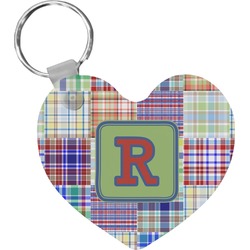 Blue Madras Plaid Print Heart Plastic Keychain w/ Initial