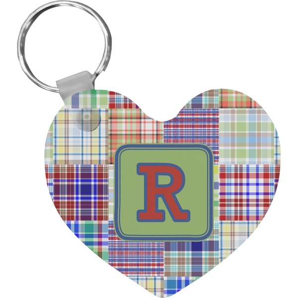 Custom Blue Madras Plaid Print Heart Plastic Keychain w/ Initial