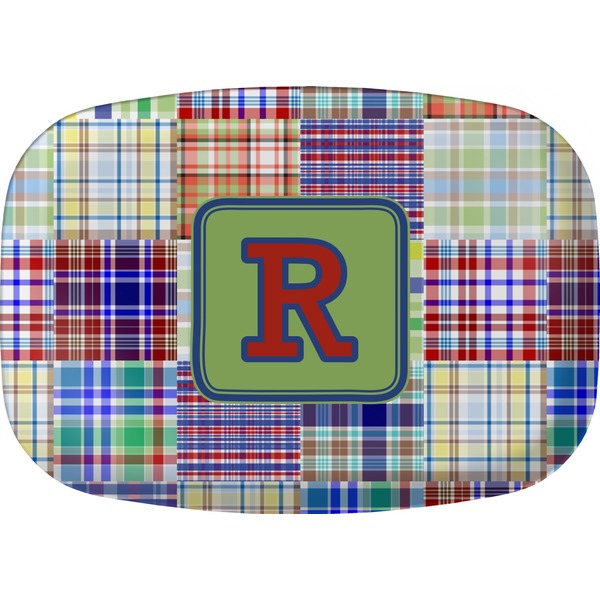 Custom Blue Madras Plaid Print Melamine Platter (Personalized)