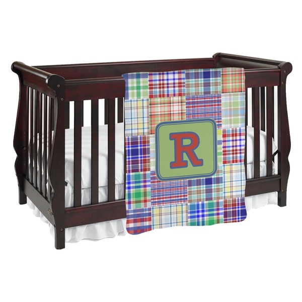 Custom Blue Madras Plaid Print Baby Blanket (Double Sided) (Personalized)