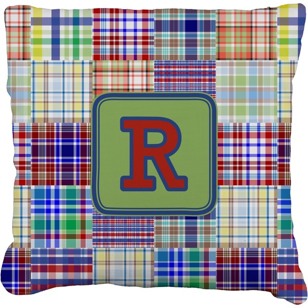 Custom Blue Madras Plaid Print Faux-Linen Throw Pillow (Personalized)