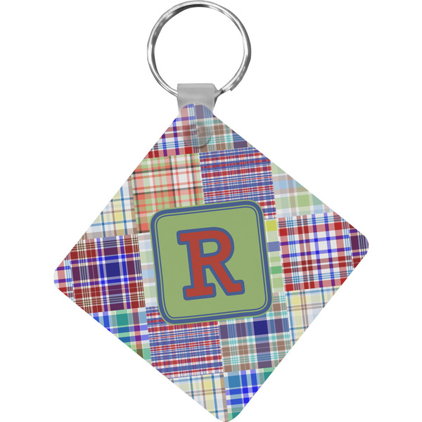 Custom Blue Madras Plaid Print Diamond Plastic Keychain w/ Initial