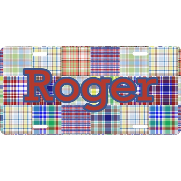 Custom Blue Madras Plaid Print Front License Plate (Personalized)