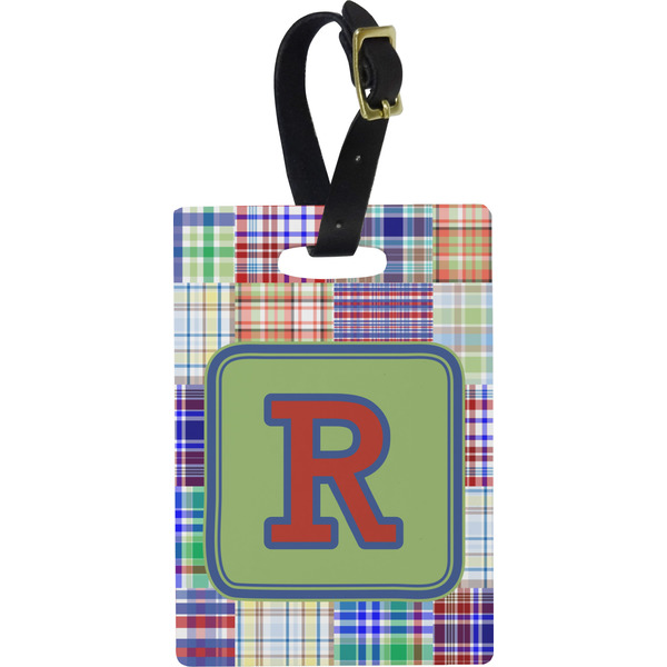Custom Blue Madras Plaid Print Plastic Luggage Tag - Rectangular w/ Initial