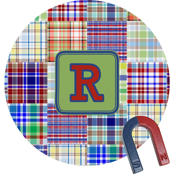 Custom Blue Madras Plaid Print Round Fridge Magnet (Personalized)