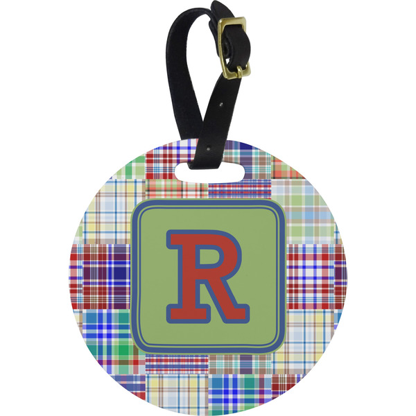 Custom Blue Madras Plaid Print Plastic Luggage Tag - Round (Personalized)