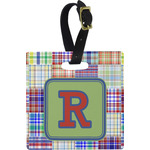 Blue Madras Plaid Print Plastic Luggage Tag - Square w/ Initial