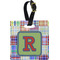 Blue Madras Plaid Print Plastic Luggage Tag - Square w/ Initial