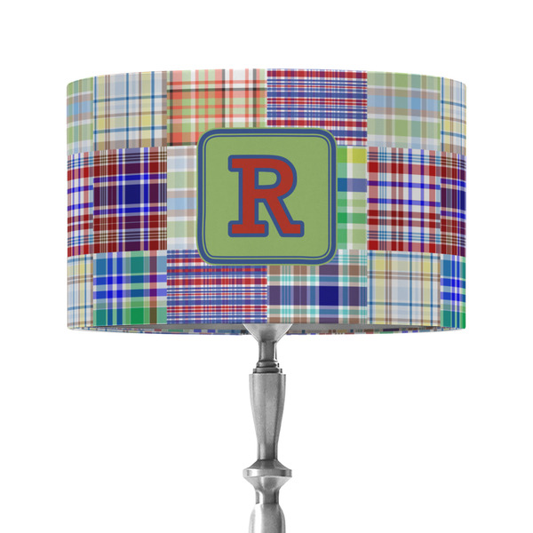 Blue Madras Plaid Print 12" Drum Lampshade - ON STAND (Fabric)