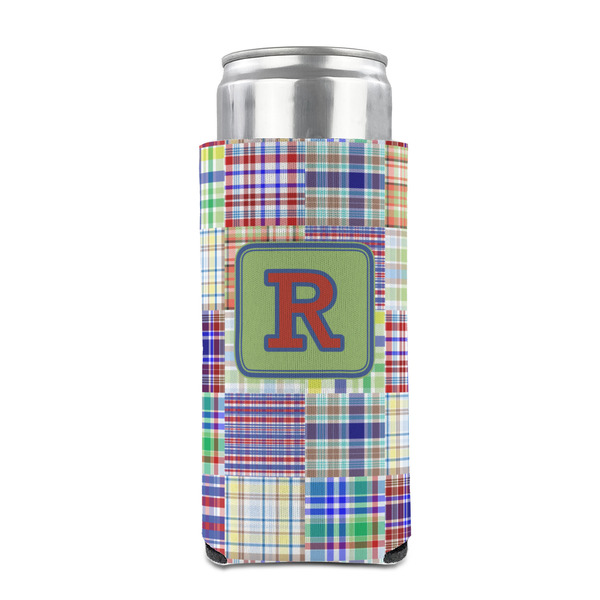 Blue Madras Plaid Print 12oz Tall Can Sleeve - FRONT (on can)