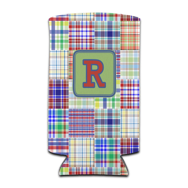 Custom Blue Madras Plaid Print Can Cooler (tall 12 oz) (Personalized)