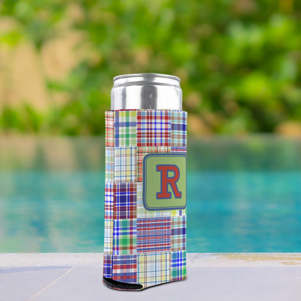 Blue Madras Plaid Print Can Cooler - Tall 12oz - In Context