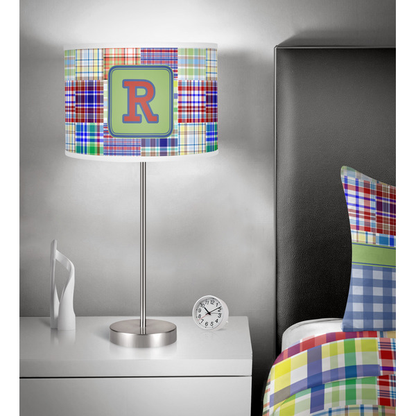 Blue Madras Plaid Print 13 inch drum lamp shade - in room
